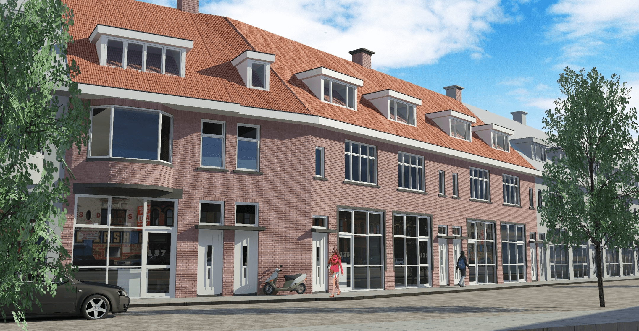 glazen-pui-garage-03 Tekening van woningen waarbij de overhead deur van de drive-in garage vervangen is voor ramen.